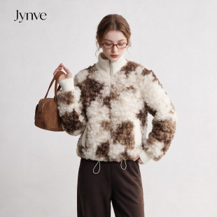 Jynve 奶牛纹白鹅绒内胆羊羔毛外套女2026冬季立领保暖羊卷毛上衣