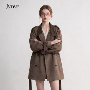 Jynve 咖色复古pu皮翻领毛呢外套女2026秋冬款高级感廓形呢子大衣