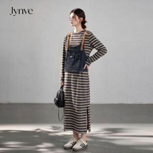 Jynve 复古条纹长袖连衣裙叠穿牛仔背心2026秋休闲T恤长裙两件套