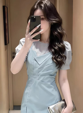 2160夏季新款法式网红气质减龄拼接褶皱开叉a字显瘦短袖连衣裙女