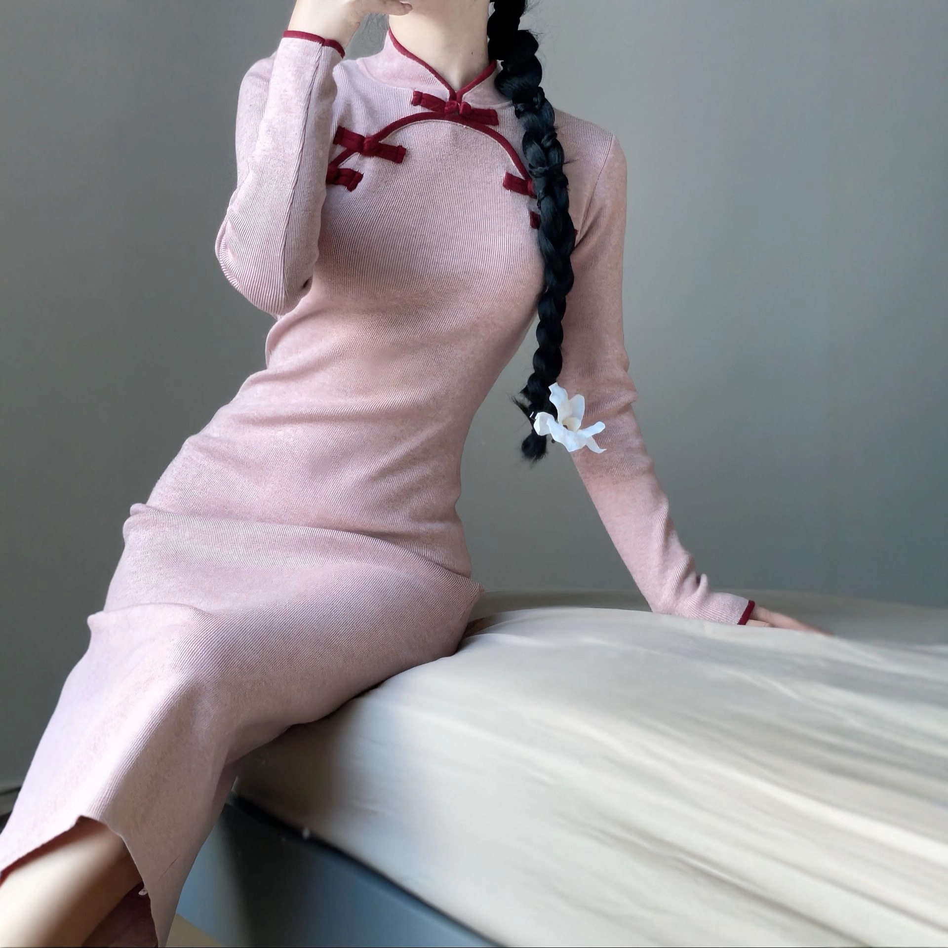 新中式旗袍改良盘扣立领连衣裙女中国风修身显瘦少女感弹性针织