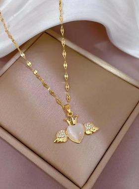 钛钢爱心天使之翼项链女ins风微镶猫眼石吊坠2023新款百搭锁骨链