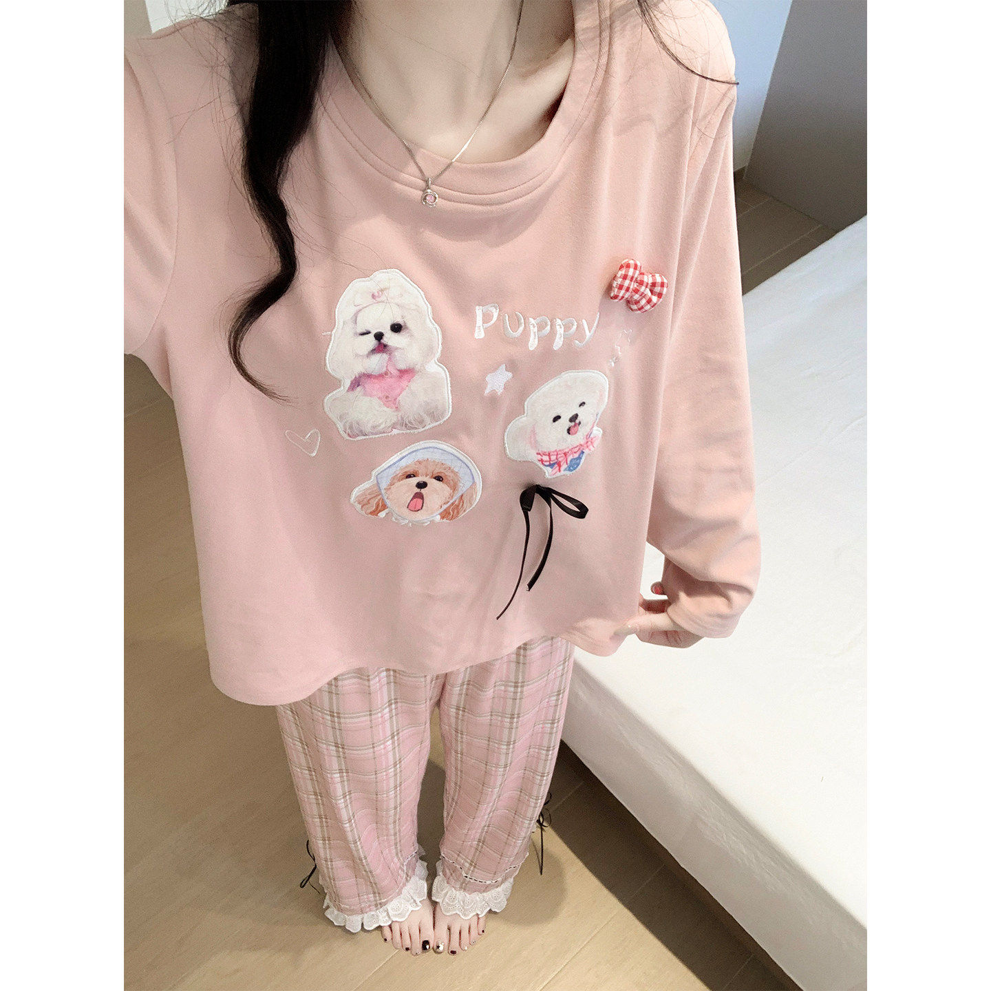 梦鸾德绒睡衣带胸垫女款秋冬季卡通小狗蕾丝边长袖长裤家居服套装,女士内衣/男士内衣/家居服,睡衣/家居服套装,淘宝优惠券,粉丝福利购,淘宝优惠卷