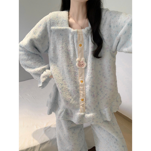 梦鸾半边绒睡衣女秋冬季珊瑚绒加厚加绒法兰绒可爱外穿家居服套装