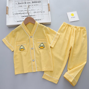 长裤 儿童睡衣纯棉短袖 三角领家居服男童女孩子V领家居服 韩版 夏季