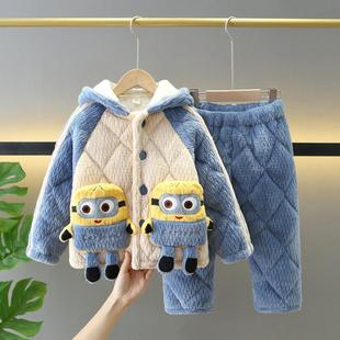 新款儿童睡衣珊瑚绒加厚夹棉套装男孩男童中小宝宝卡通家居服带帽