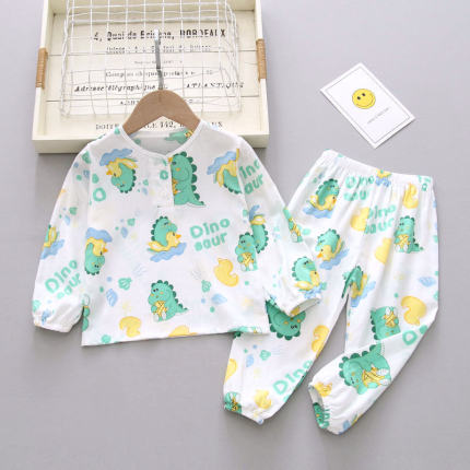 儿童睡衣棉绸长袖长裤灯龙裤男孩女童宝宝小孩薄款防蚊家居服套装