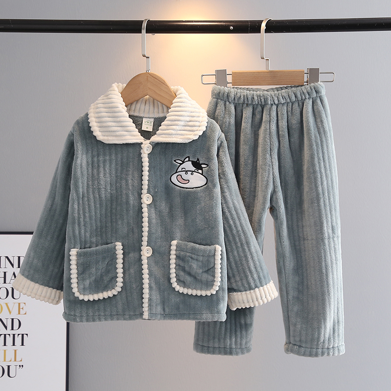 秋冬儿童睡衣条纹男孩加厚珊瑚绒