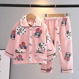 秋冬法兰绒儿童睡衣套装男童宝宝卡通家居服女童珊瑚绒家居服加厚