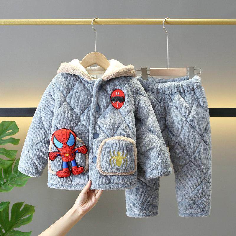 新冬款儿童睡衣珊瑚绒加厚夹棉男童男孩子中大童蜘蛛侠家居服套装