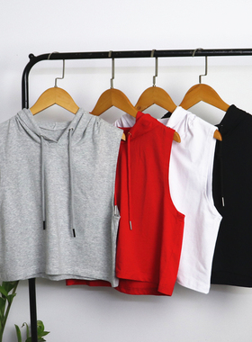 春夏新款纯棉连帽背心女宽松t恤运动带帽衫无袖坎肩外搭短款上衣