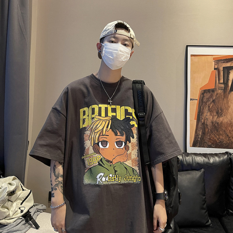 夏季新款卡通男孩印花短袖t恤男宽松ins复古高街嘻哈情侣潮流半袖