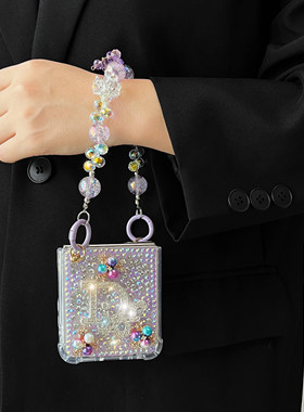 For Samsung Galaxy Z Flip 4 5 6 7 Diamond Cute Crystal Glitter Shining Pearl Wrist Phone Case Cover