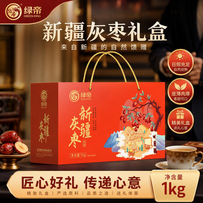 绿帝新疆灰枣礼盒1kg新疆特产灰枣楼兰枣和田大枣可夹核桃干货