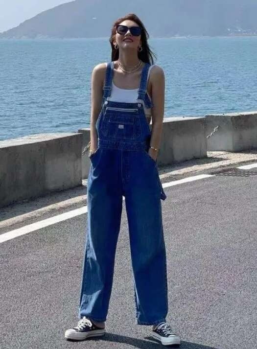 美式复古牛仔背带裤女韩版宽松可爱学生减龄高腰直筒连体裤