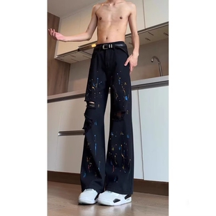 美式破洞牛仔裤男款2026新款春季宽松阔腿裤子高街潮流泼墨直筒裤