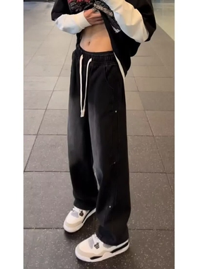 美式高街抽绳牛仔裤男黑色直筒宽松阔腿长裤显腿长潮流休闲裤秋季