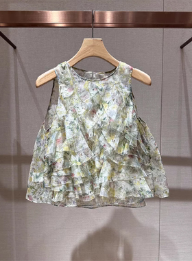 2025年夏季新款圆领印花不规则拼接荷叶边无袖背心女上衣R124502B