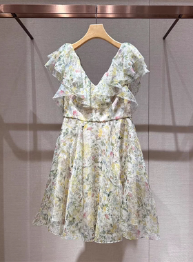 2025夏季新款优雅气质V领拼接荷叶边印花系带收腰连衣裙R124501B