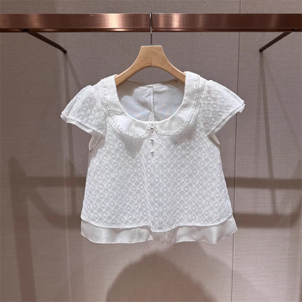 2025年夏季新款娃娃领拼接网纱边刺绣镂空短袖衬衫女上衣R121101B