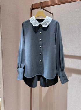 2024年秋季新款灰色蕾丝刺绣娃娃领休闲宽松长袖衬衫女Q161502D