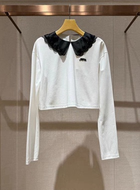 2024年秋季新款白色小个子蕾丝娃娃领纯棉短款长袖T恤女Q143703E