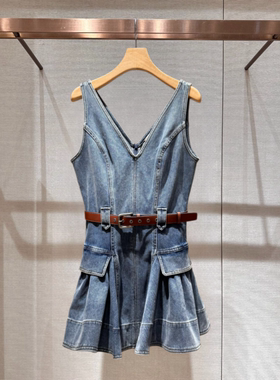 2026夏季新款V领拼接腰带收腰显瘦水洗荷叶边无袖牛仔裙XSJ3L02D