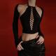 卿荷性感黑色魅惑胸镂空绑带网衣带披肩紧身比基尼网纱套装