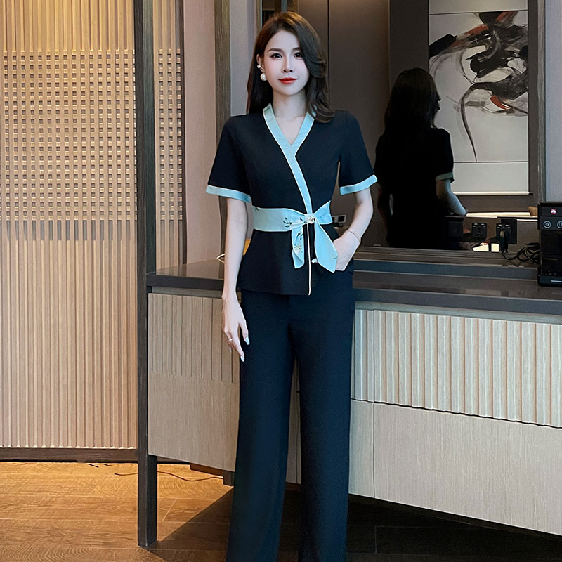 养生馆足浴工作服女夏季新款短袖收腰系带技师服装套装美容院会所