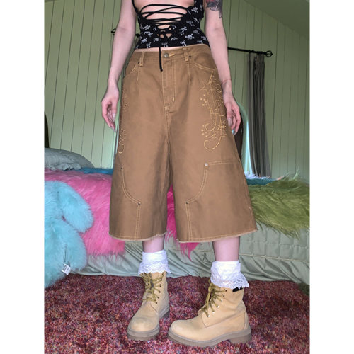 吓死香蕉刺绣水洗工装大中裤