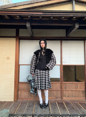 FOURFORTY DOUBLE-BREASTED WEASTEN FUR JACKET 双排扣格纹皮草