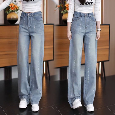 啄木鸟2026春季烫钻阔腿牛仔裤女