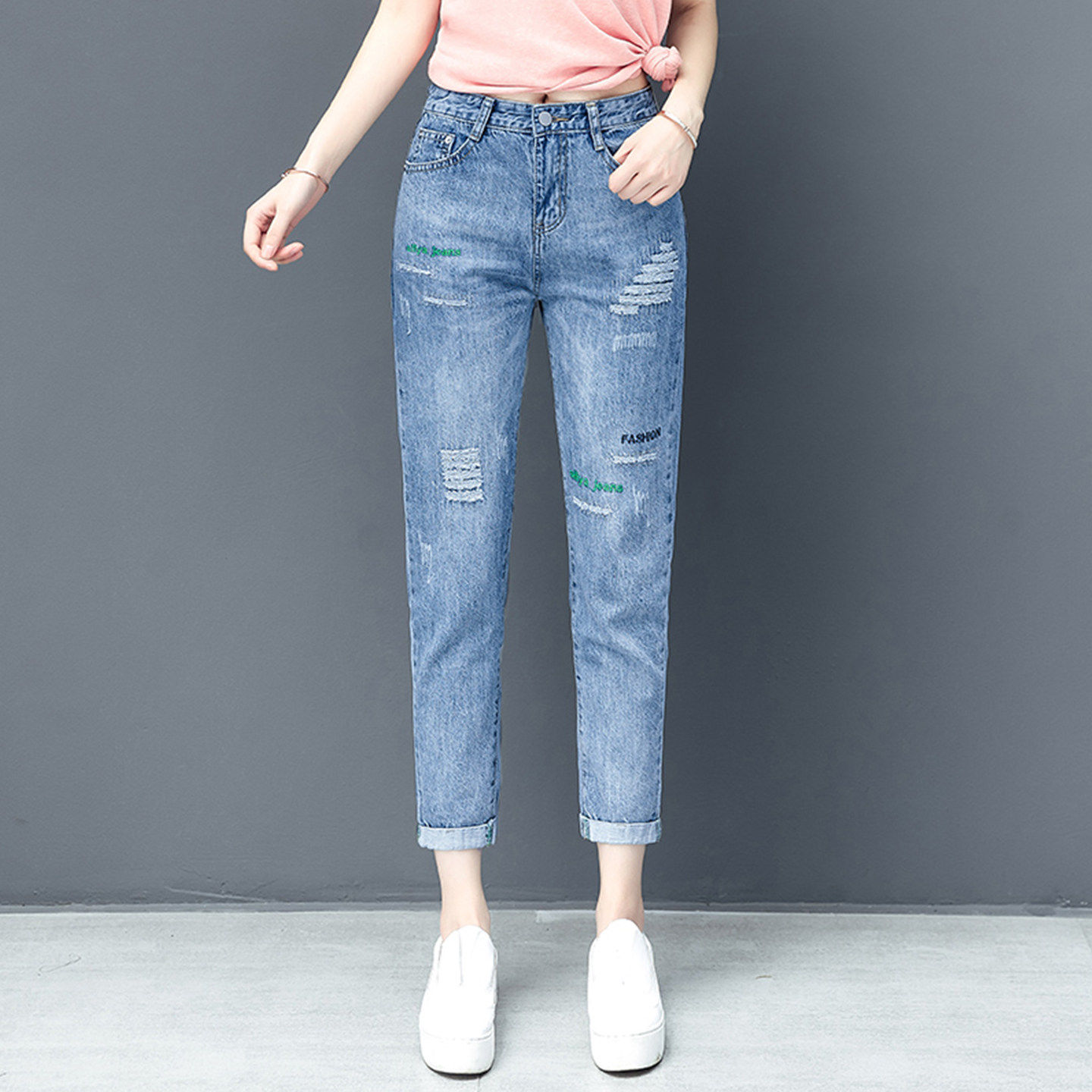 啄木鸟小个子破洞牛仔裤女2026春夏新款高腰九分小脚裤显瘦哈伦裤