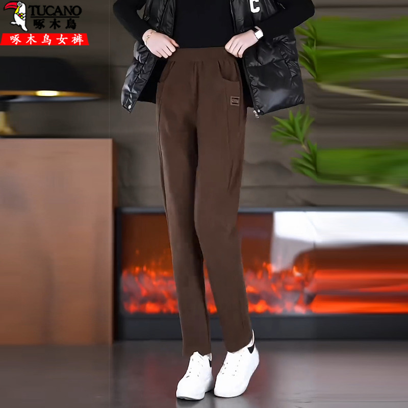 啄木鸟加绒加厚休闲裤女2025秋冬新款高腰显瘦宽松直筒哈伦裤卫裤