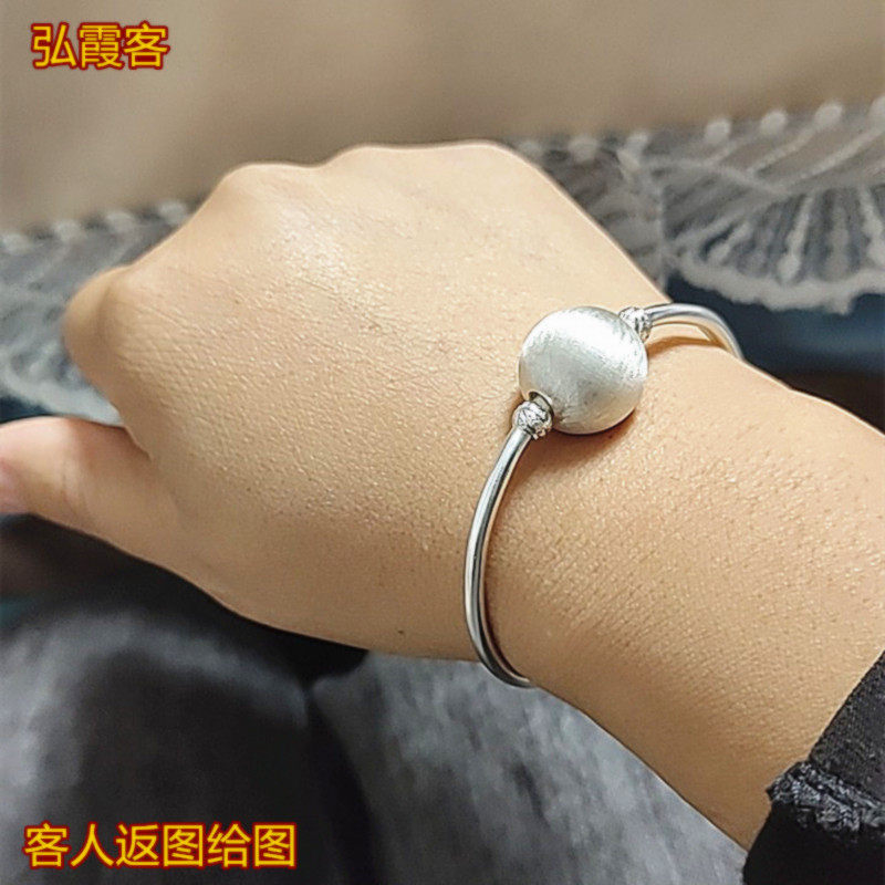 纯手工实打实锤实心银球磨砂拉丝银珠手环手镯环串活动开口8字扣