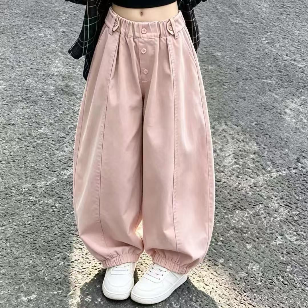 儿童男女童纯棉2026秋季新款洋气宽松休闲百搭灯笼弯刀韩版束脚裤