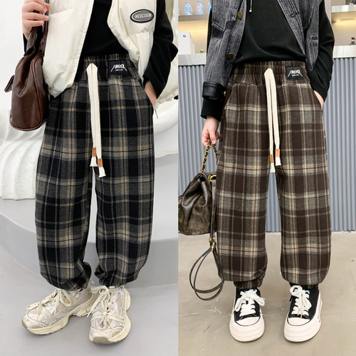 男女童2024年货美拉德色系格子裤中大童春秋冬加厚一体绒宽松格子