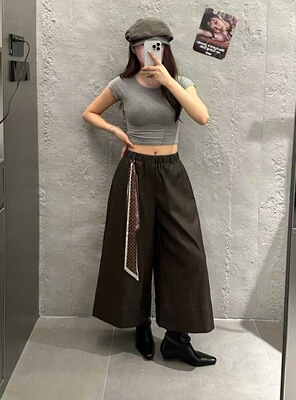 DY 1871时尚皮裤2025秋装新款碎花丝巾系带松紧腰PU皮阔腿裤女潮S