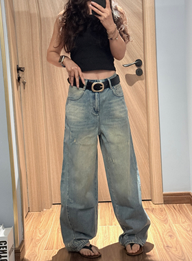 JEANS D966 春季2026新款高腰宽松作旧无弹破洞美式弯刀牛仔长裤B