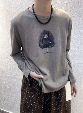 特价衣7 percent 55225秋季新款百搭圆领卡通长袖宽松休闲棉麻T