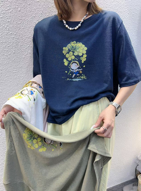 衣7 percent夏季新款亚麻短袖个性印花圆领韩版宽松休闲百搭T恤女