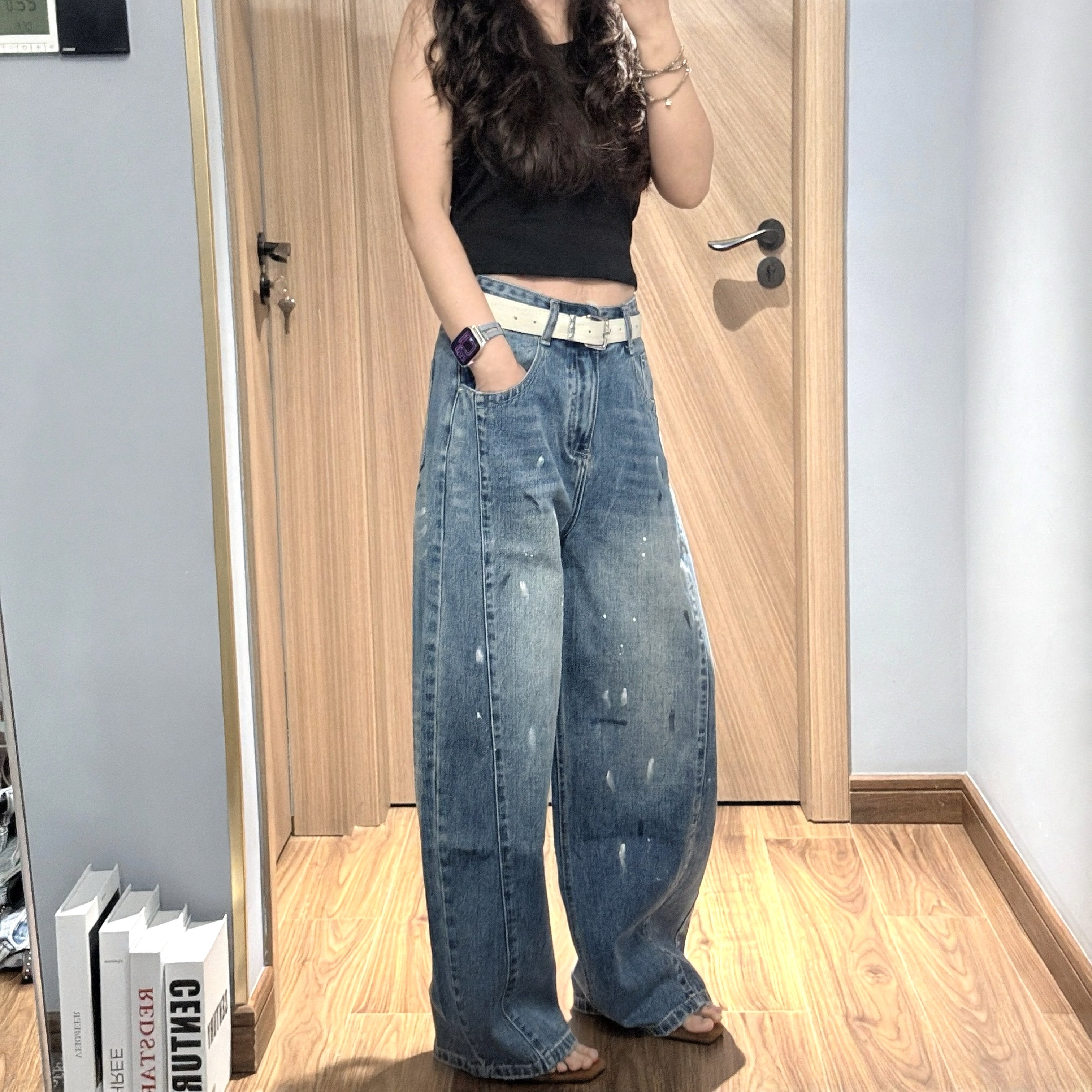 JEANS D989 春季2026新款高腰宽松喷漆无弹酷飒美式弯刀牛仔长裤B,女装/女士精品,牛仔裤,淘宝优惠券,粉丝福利购,淘宝优惠卷