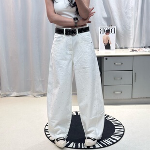 2026新款 JEANS H100 春季 女H 高腰无弹烫钻宽松阔腿弯刀白色牛仔裤