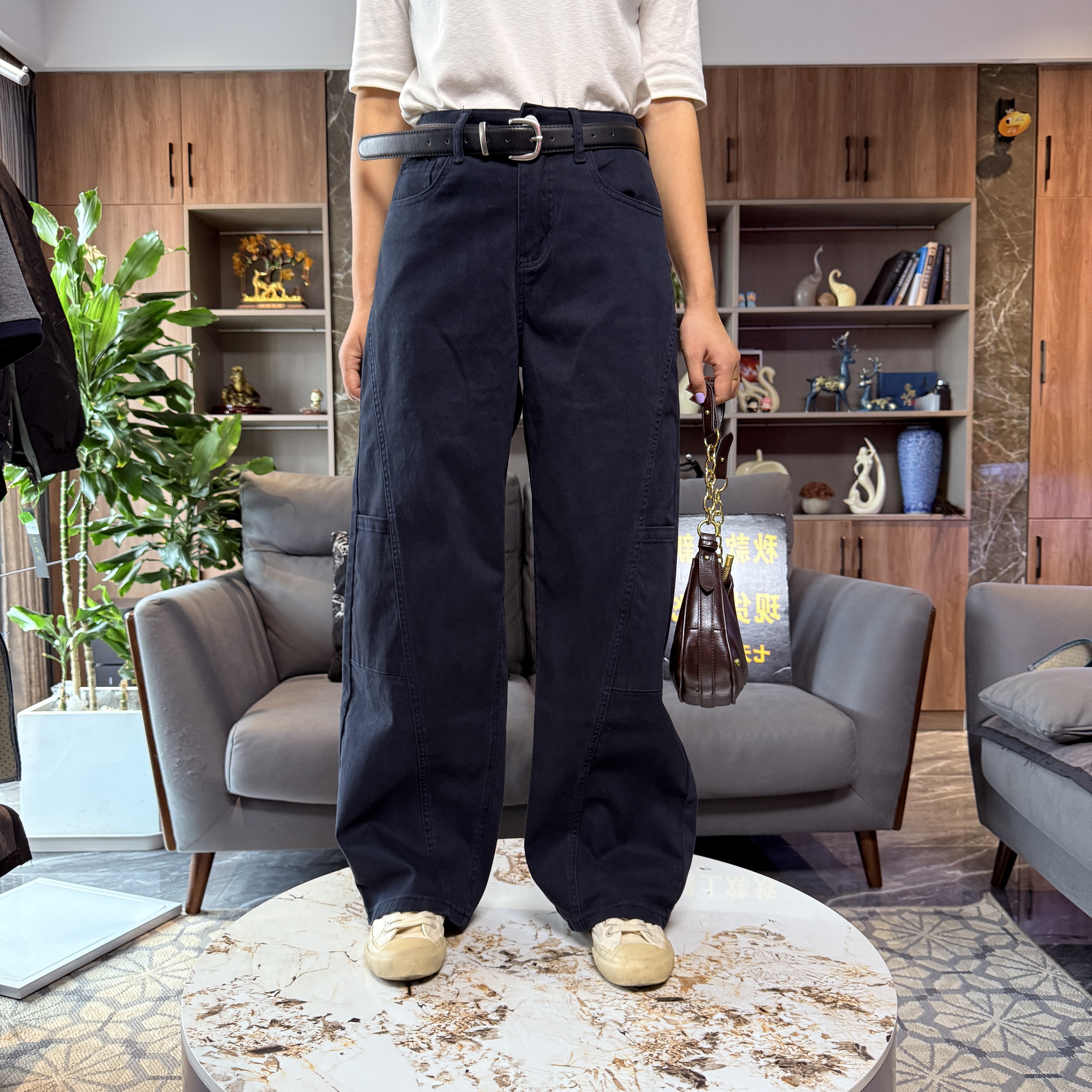 JEANS374-6冬季1025加绒四面弹棉料牛仔裤高腰腰带阔腿弯刀长裤wb