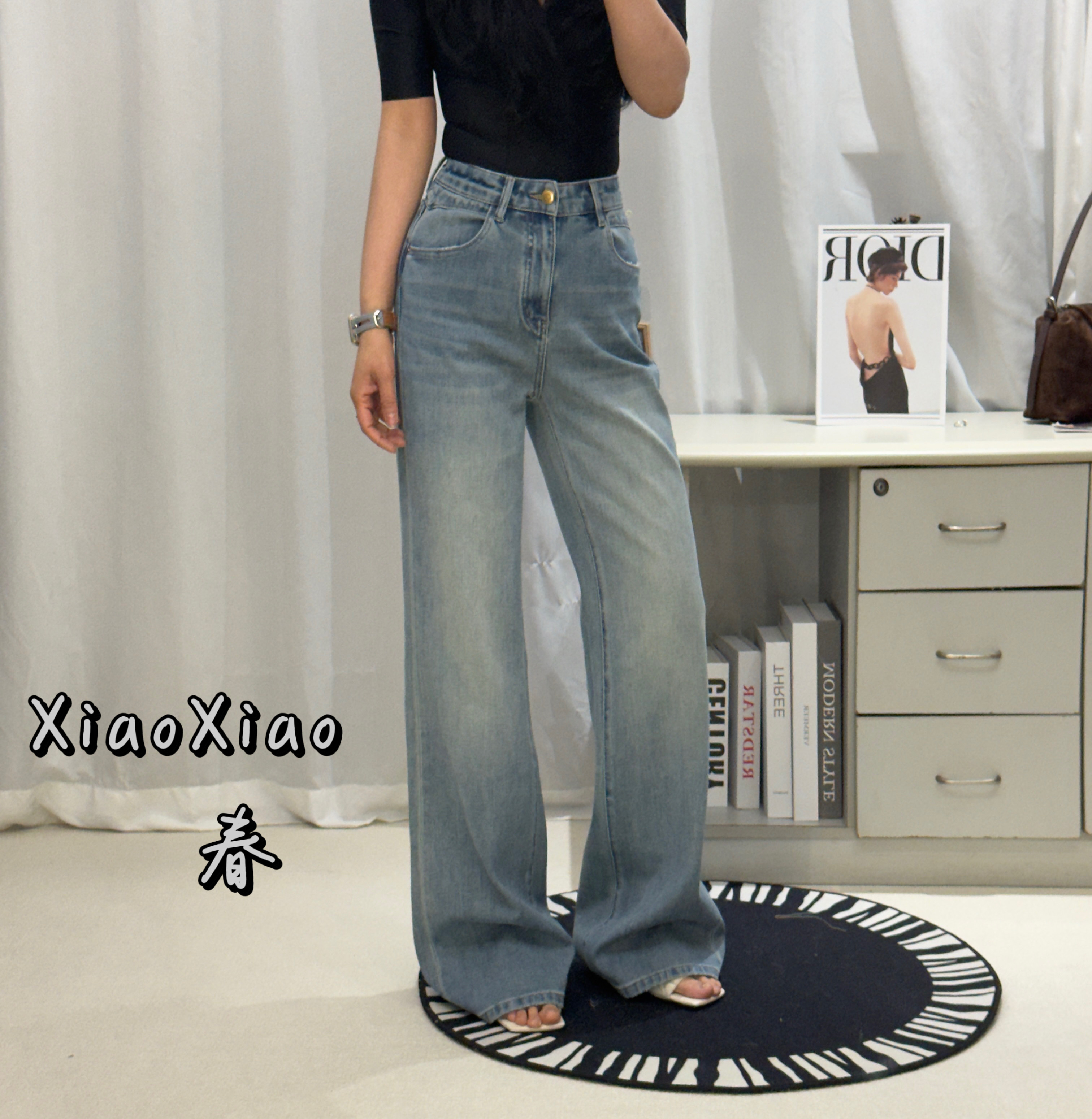 12平方83123春季2026新款高腰四面弹浅蓝色阔腿宽松加长喇叭裤女B