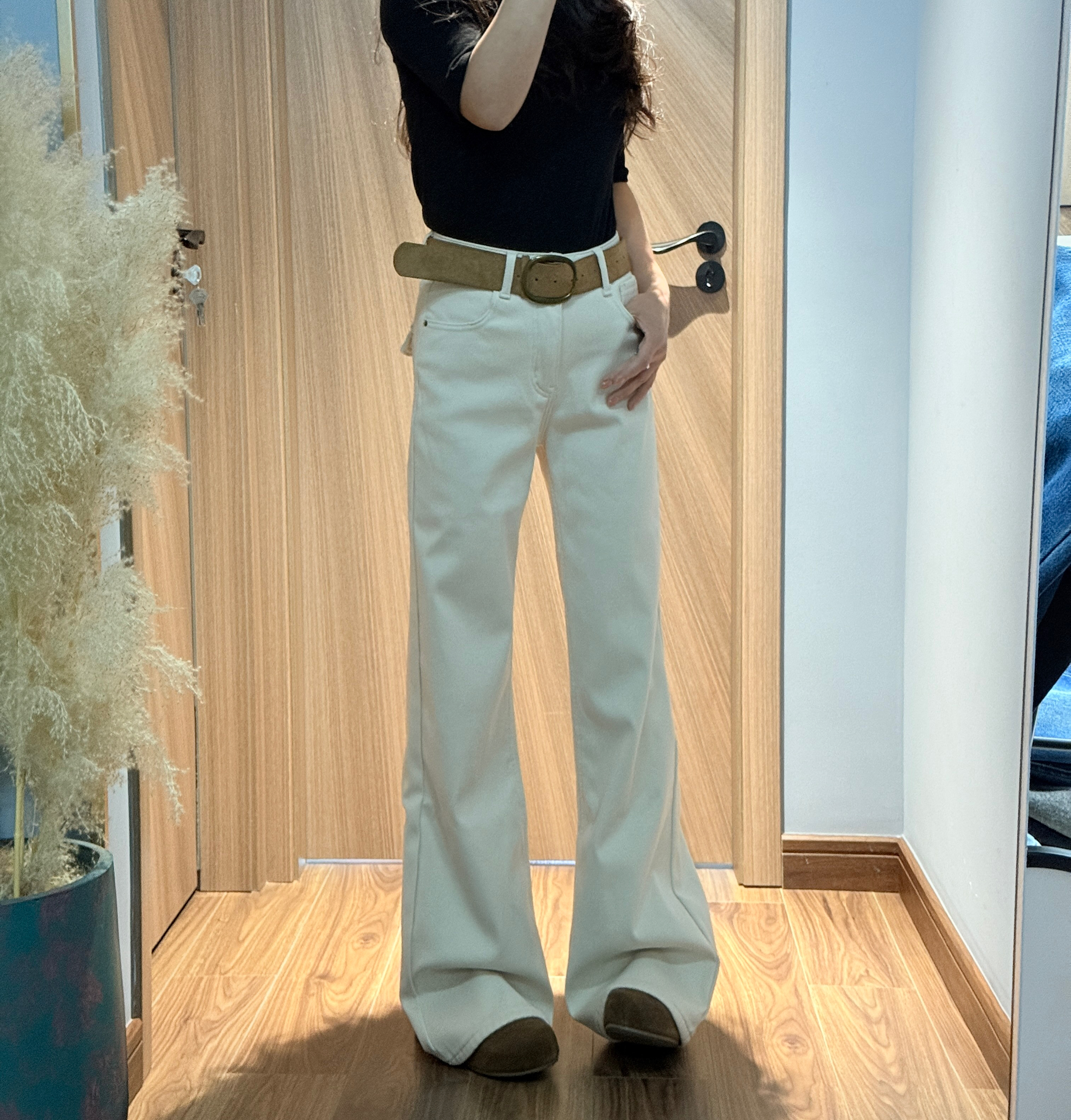 欧韩货12311冬季厚款复合绒2025新款高腰显瘦时髦直筒喇叭长裤女H