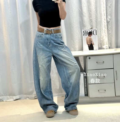 Jeans W053春季2026新品休闲纯棉无弹蓝色破洞阔腿弯刀牛仔裤女 H
