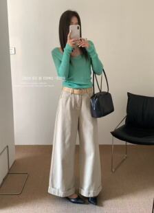 高腰显瘦宽松阔腿九分裤 女春夏新款 翻边奶茶色牛仔裤 女K 5399