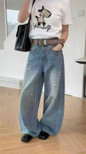 2026新品 Jeans W053 春季 女B 休闲纯棉无弹蓝色破洞阔腿弯刀牛仔裤