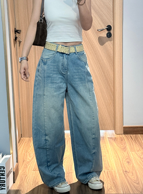 Jeans 8106 春季2026新款高腰无弹美式斜扛蓝色阔腿弯刀牛仔长裤A